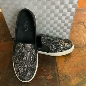 Sugar black lace and silver sequin slip on loafers
